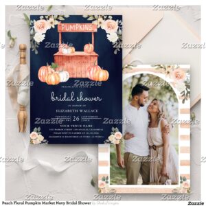 Peach Floral Pumpkin Market Navy Bridal Shower Invitation