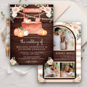 Peach Floral Pumpkin Market QR Code Wood Wedding Invitation