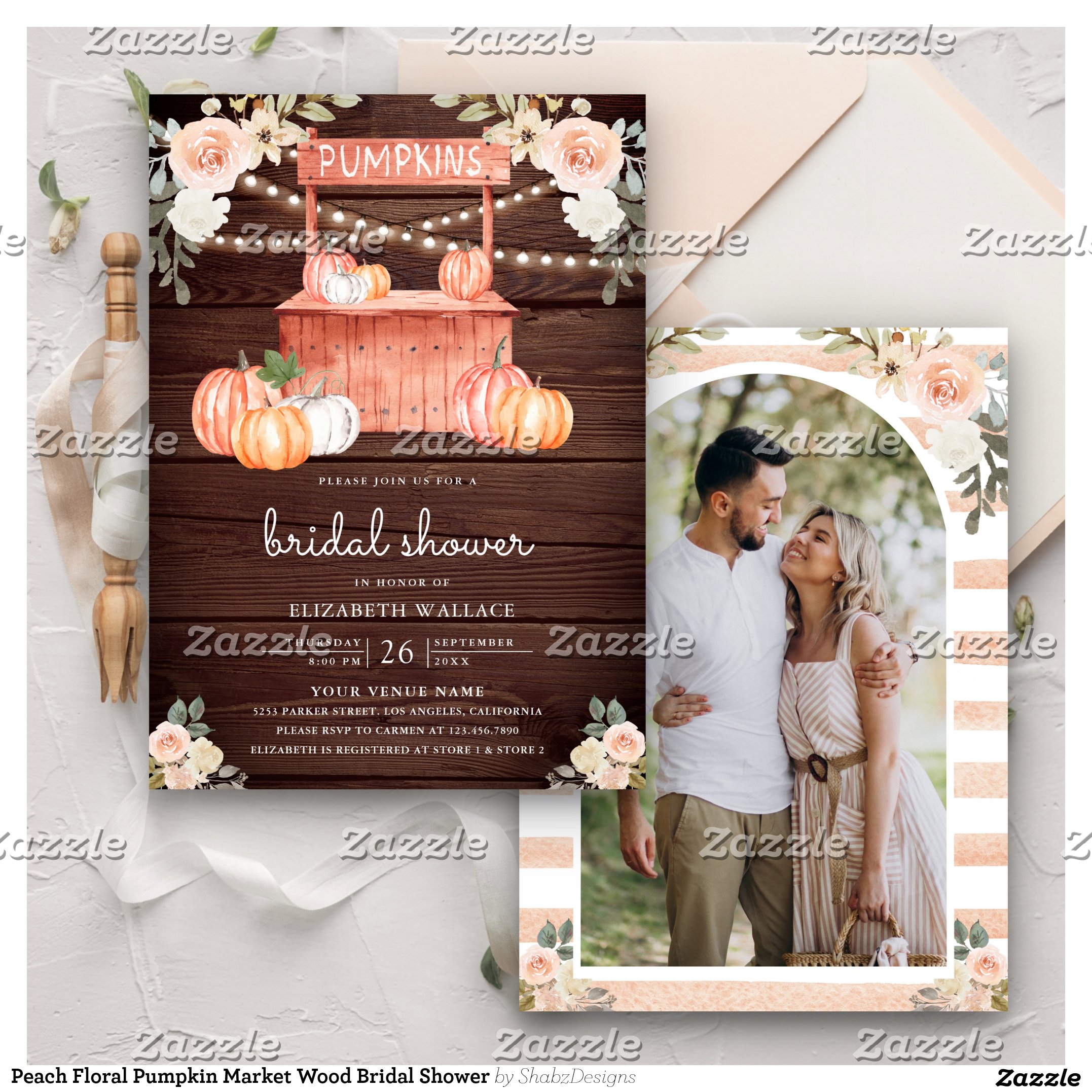 Peach Floral Pumpkin Market Wood Bridal Shower Invitation