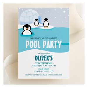 Penguins Winter Pool Party Birthday Invitation