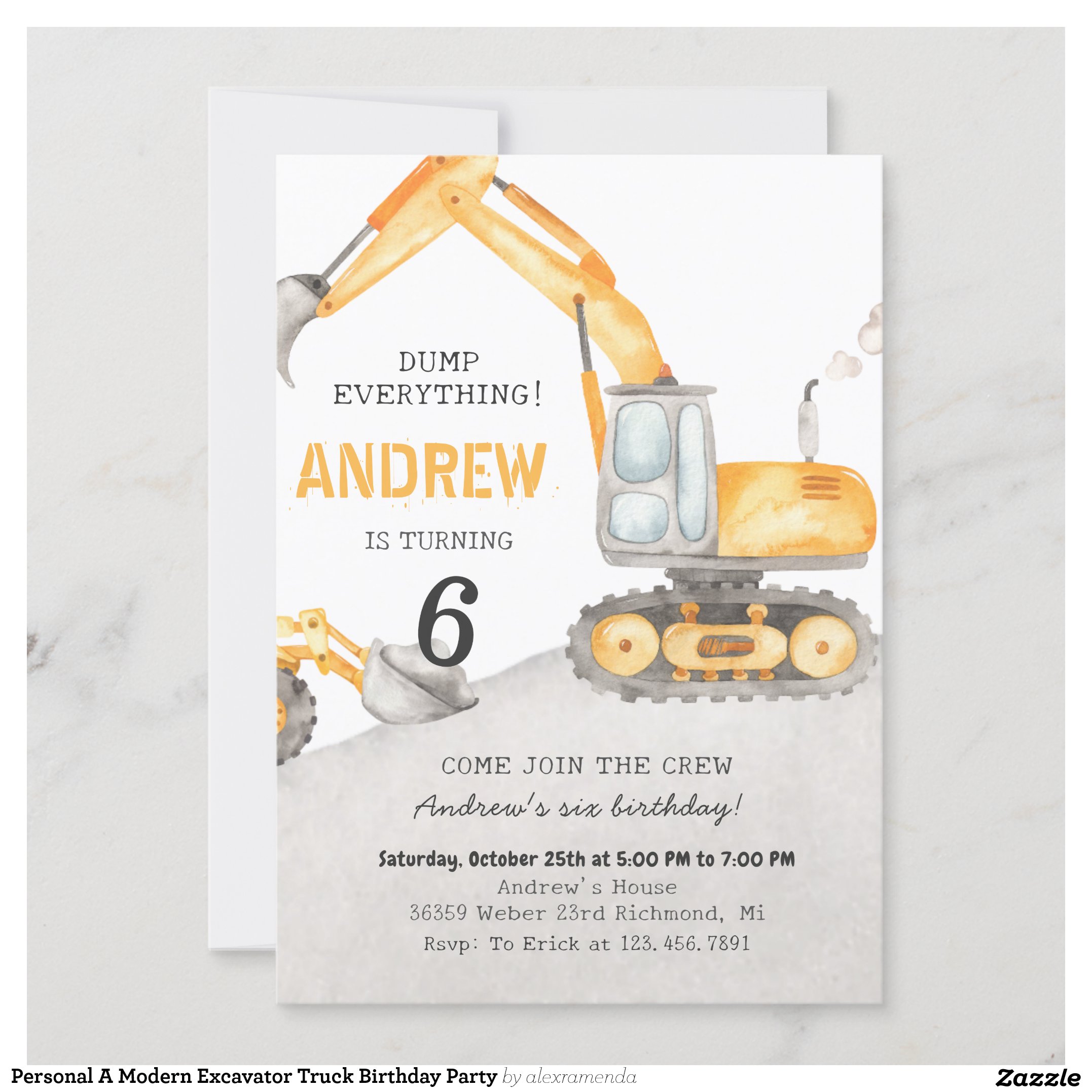 Personal A Modern Excavator Truck Birthday Party Invitation