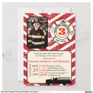 Personal Vintage Fireman Birthday with photo Invitation