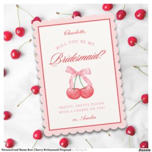 Personalized Name Bow Cherry Bridesmaid Proposal Invitation