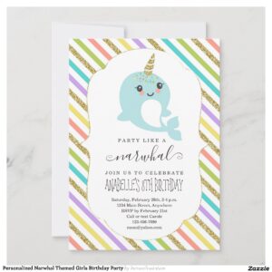 Personalized Narwhal Themed Girls Birthday Party Invitation