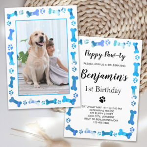 Pet Photo Blue Paw Prints Dog Birthday Invitation