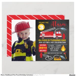 Photo Chalkboard Fire Truck Birthday Invitation