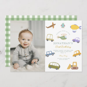 Photo Cute Pastel Car Truck Plane Rocket Birthday Invitation