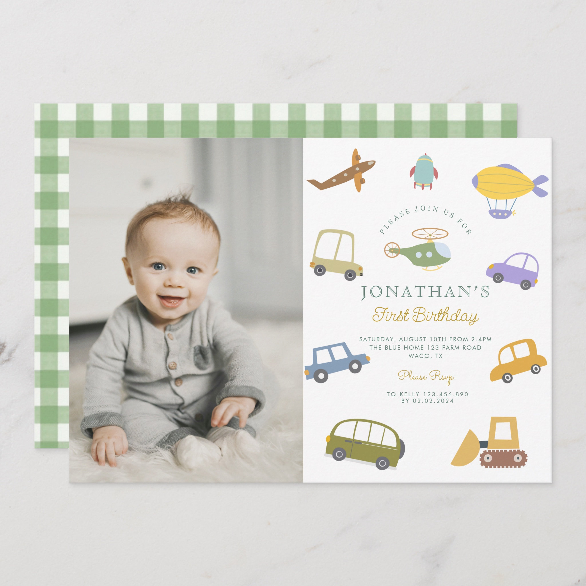 Photo Cute Pastel Car Truck Plane Rocket Birthday Invitation