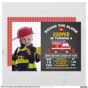 Photo Fire Engine And Hydrant Birthday Invitation