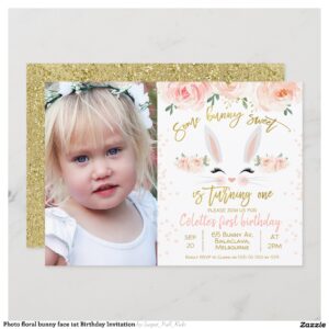 Photo floral bunny face 1st Birthday Invitation