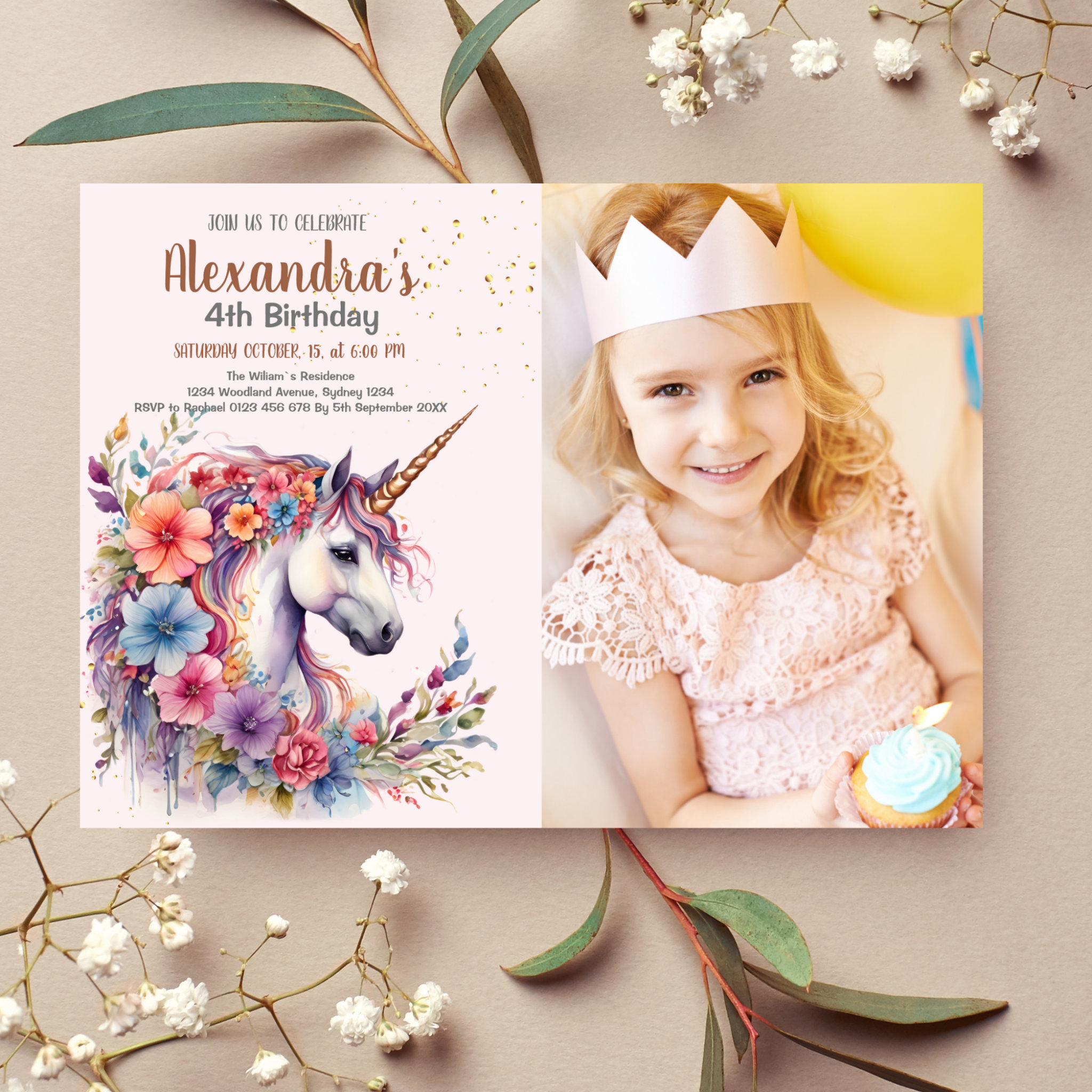Photo Pastel Unicorn Rainbow Birthday Party Invitation