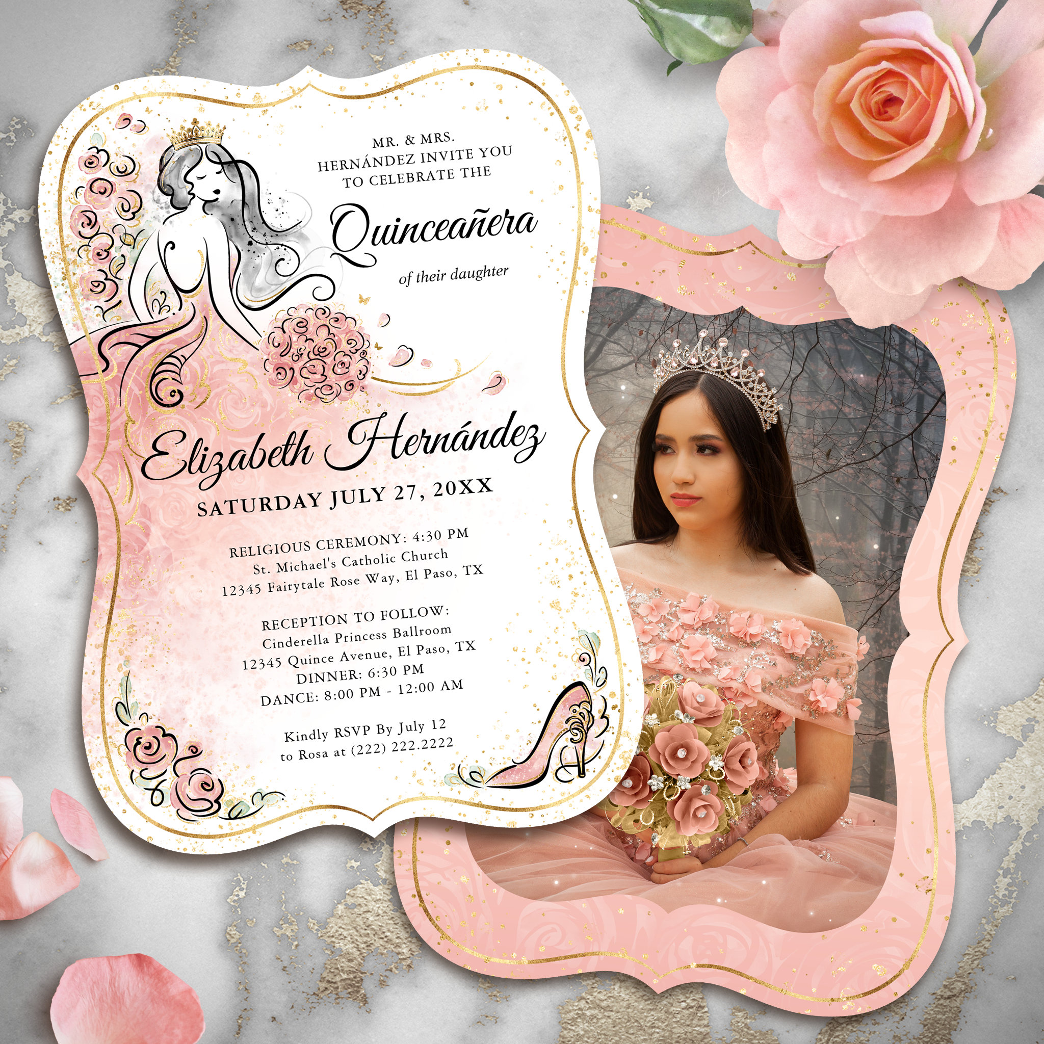 Photo Pink and Gold Princess Quinceanera Birthday Invitation