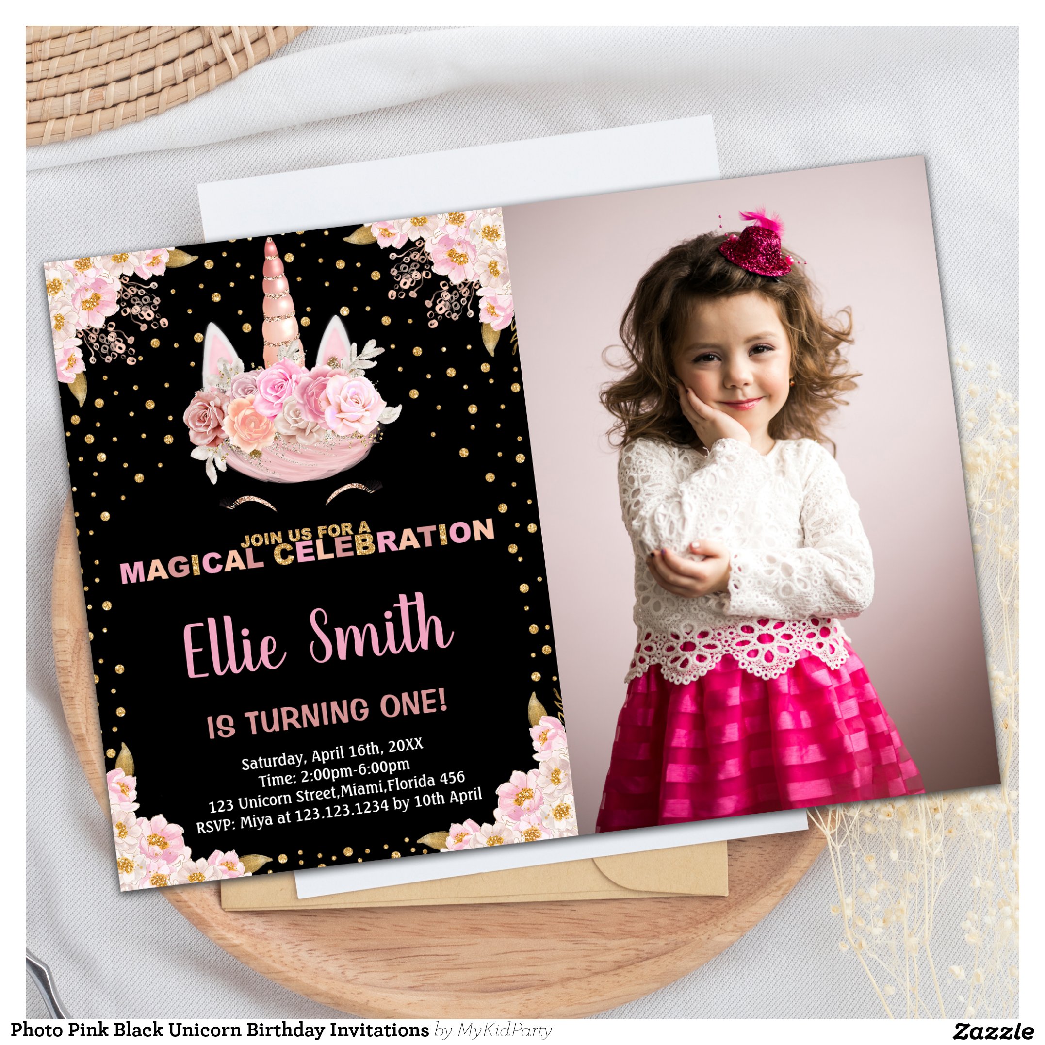Photo Pink Black Unicorn Birthday Invitations