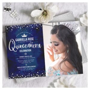 Photo Quincea?era Navy Silver Glitter Script Crown Invitation