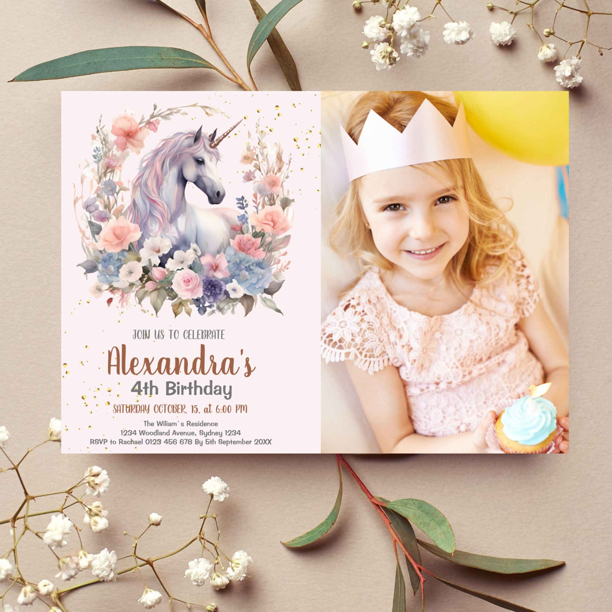 Photo Rainbow Unicorn Gold Glitter Girl Birthday Invitation