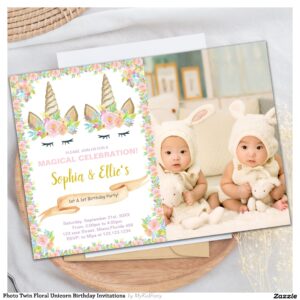 Photo Twin Floral Unicorn Birthday Invitations
