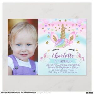 Photo Unicorn Rainbow Birthday Invitation