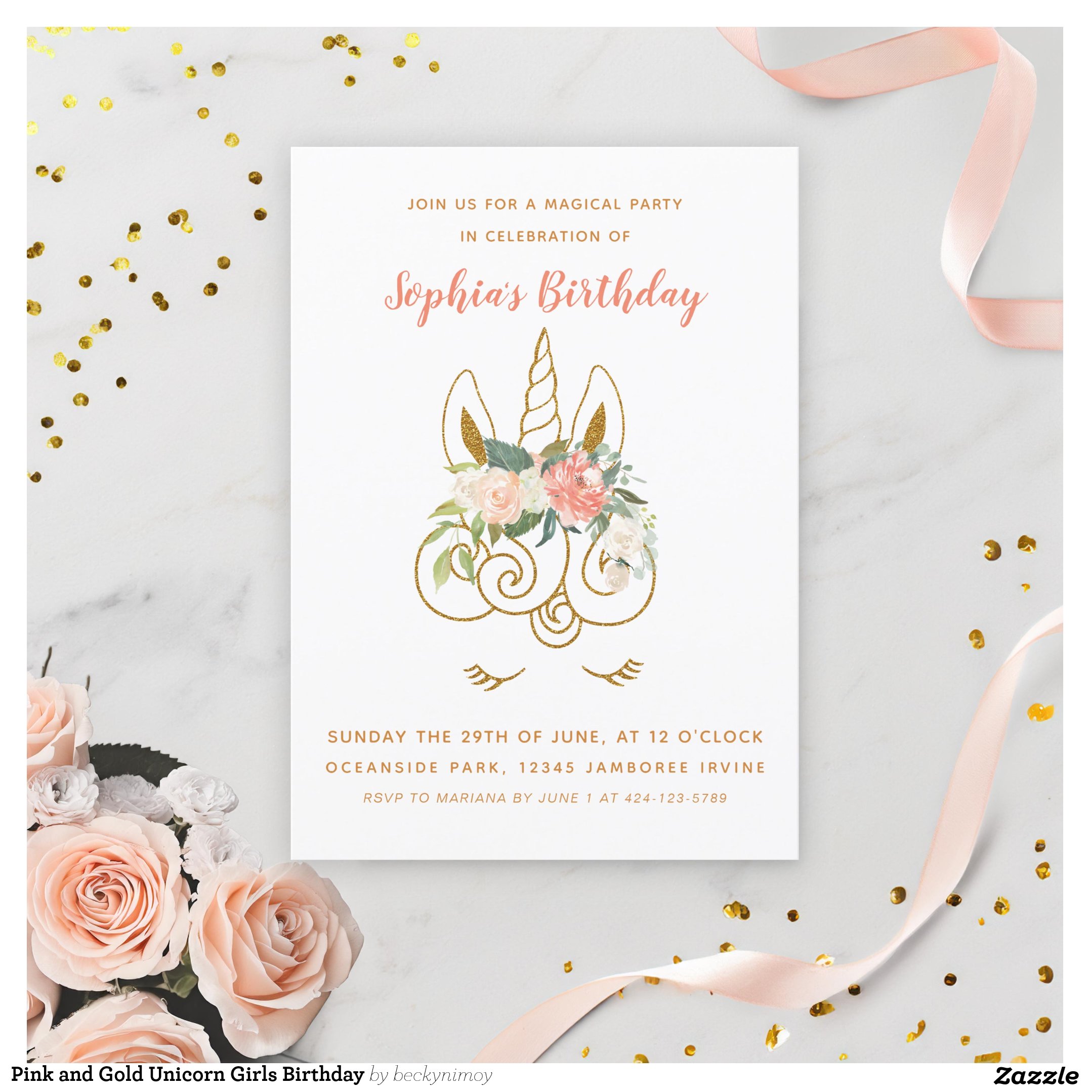 Pink and Gold Unicorn Girls Birthday Invitation