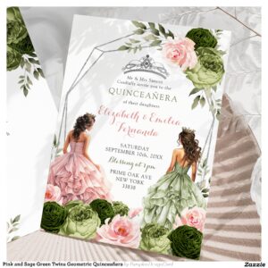 Pink and Sage Green Twins Geometric Quincea?era Invitation