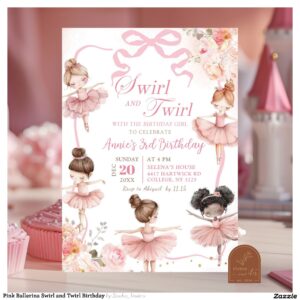 Pink Ballerina Swirl and Twirl Birthday Invitation