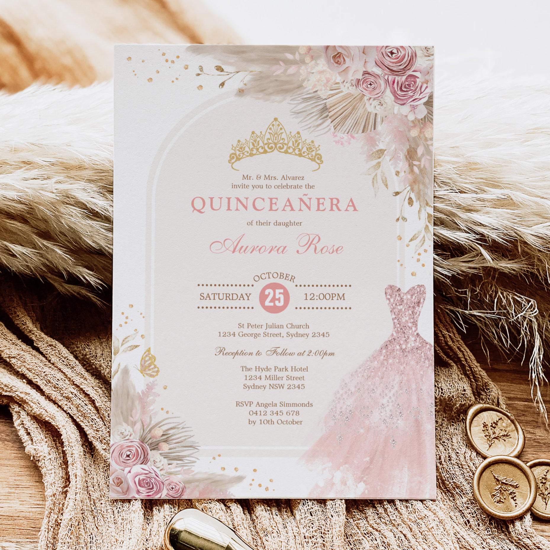 Pink Blush Boho Floral Quincea?era 15th Birthday Invitation