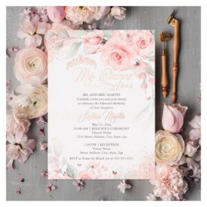 Pink Blush Floral Rose Gold Mis Quince Quinceanera Foil Invitation