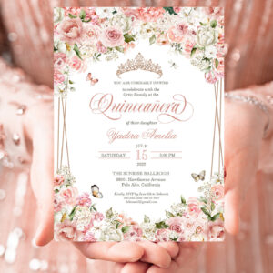 Pink Blush White Floral Butterfly Quinceanera Invitation
