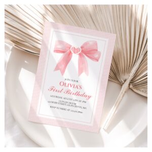 Pink Bow and Stripes Coquette 1st birthday Invitation