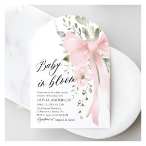 Pink Bow Baby in Bloom Floral Girl Baby Shower Invitation