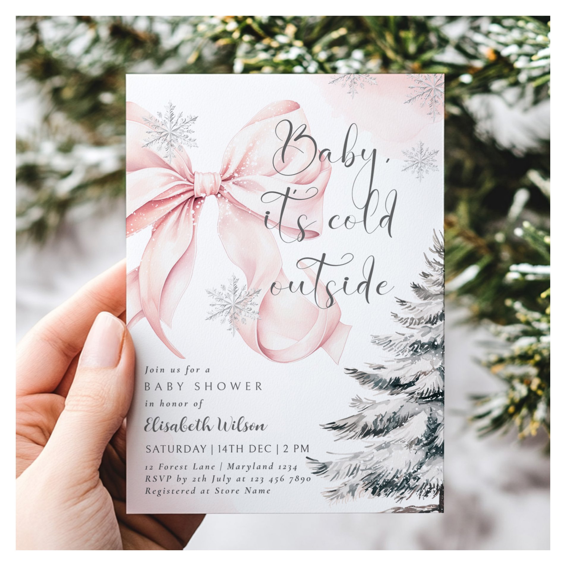 Pink Bow Baby It's Cold Outside Baby Shower Invitation