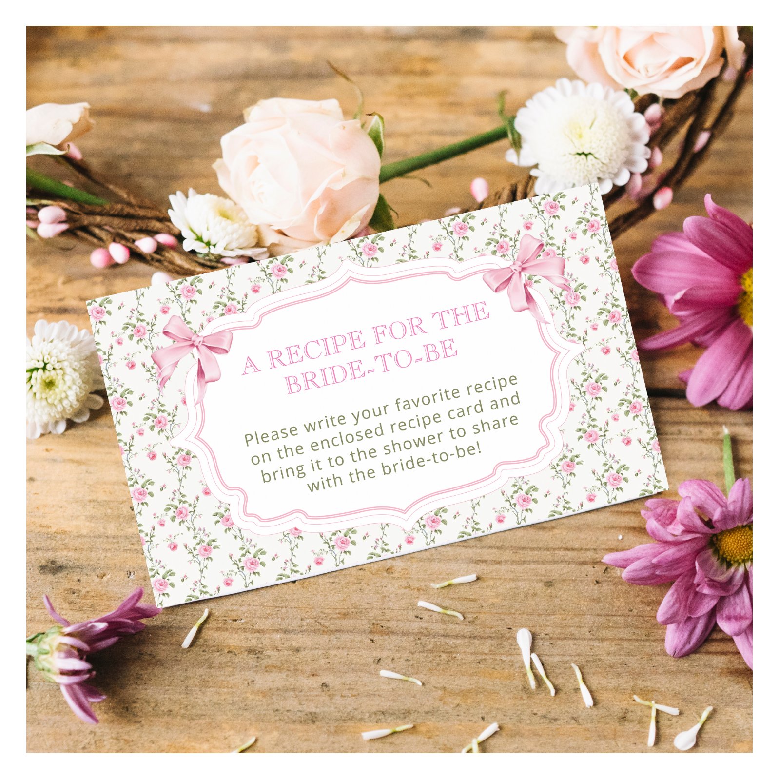 Pink Bow Bridal Shower Recipe for the Bride Enclosure Card
