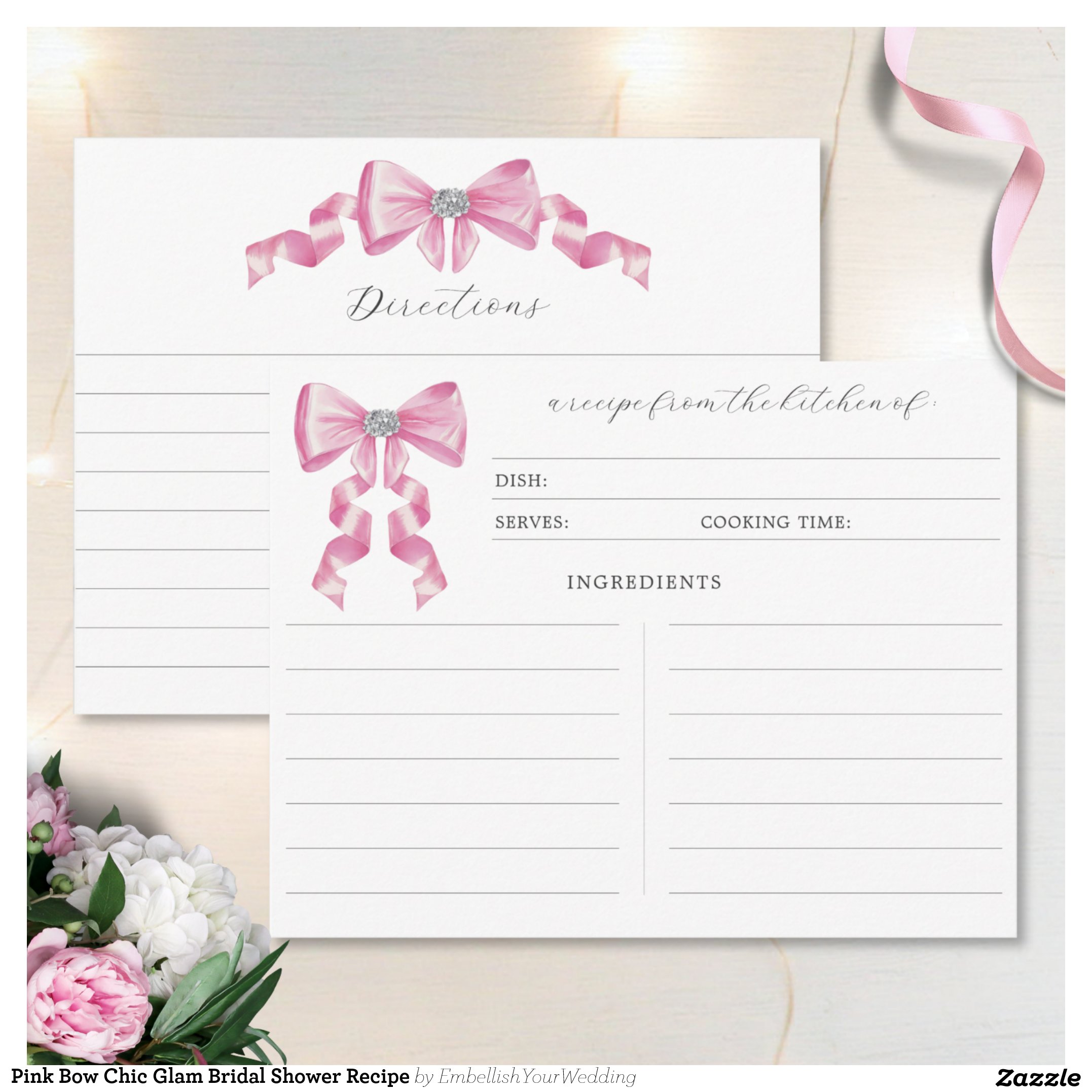 Pink Bow Chic Glam Bridal Shower Recipe Enclosure Card