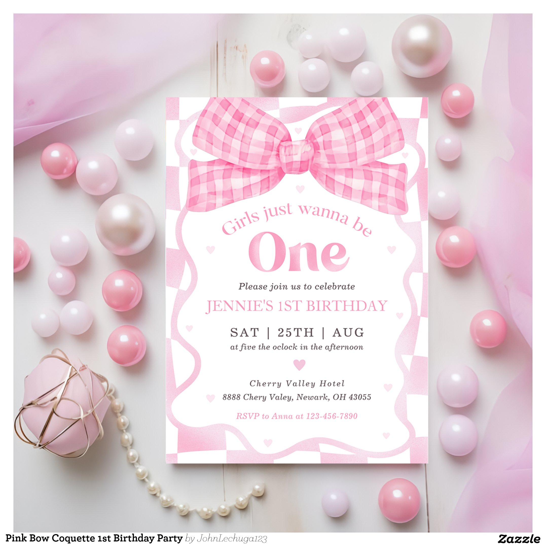 Pink Bow Coquette 1st Birthday Party Invitation