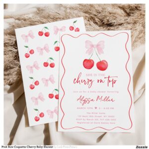 Pink Bow Coquette Cherry Baby Shower Invitation