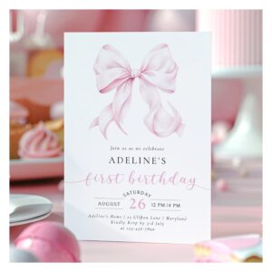 Pink Bow Coquette Girl First Birthday Invitation