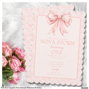 Pink Bow Coquette Toile Demask Milestone Birthday Invitation