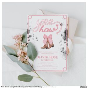 Pink Bow & Cowgirl Boots Coquette Western Birthday Invitation