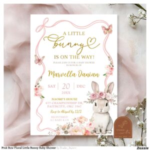 Pink Bow Floral Little Bunny Baby Shower Invitation