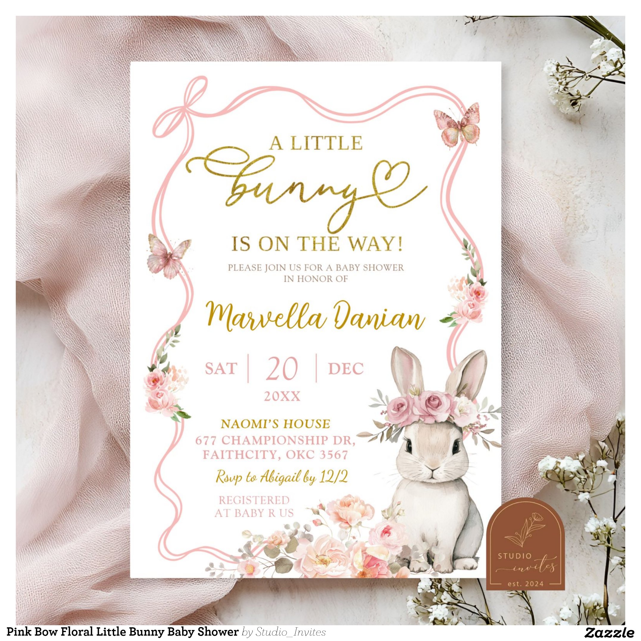 Pink Bow Floral Little Bunny Baby Shower Invitation