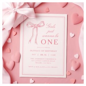 Pink Bow Girls Just Wanna Be One 1st Birthday Invitation