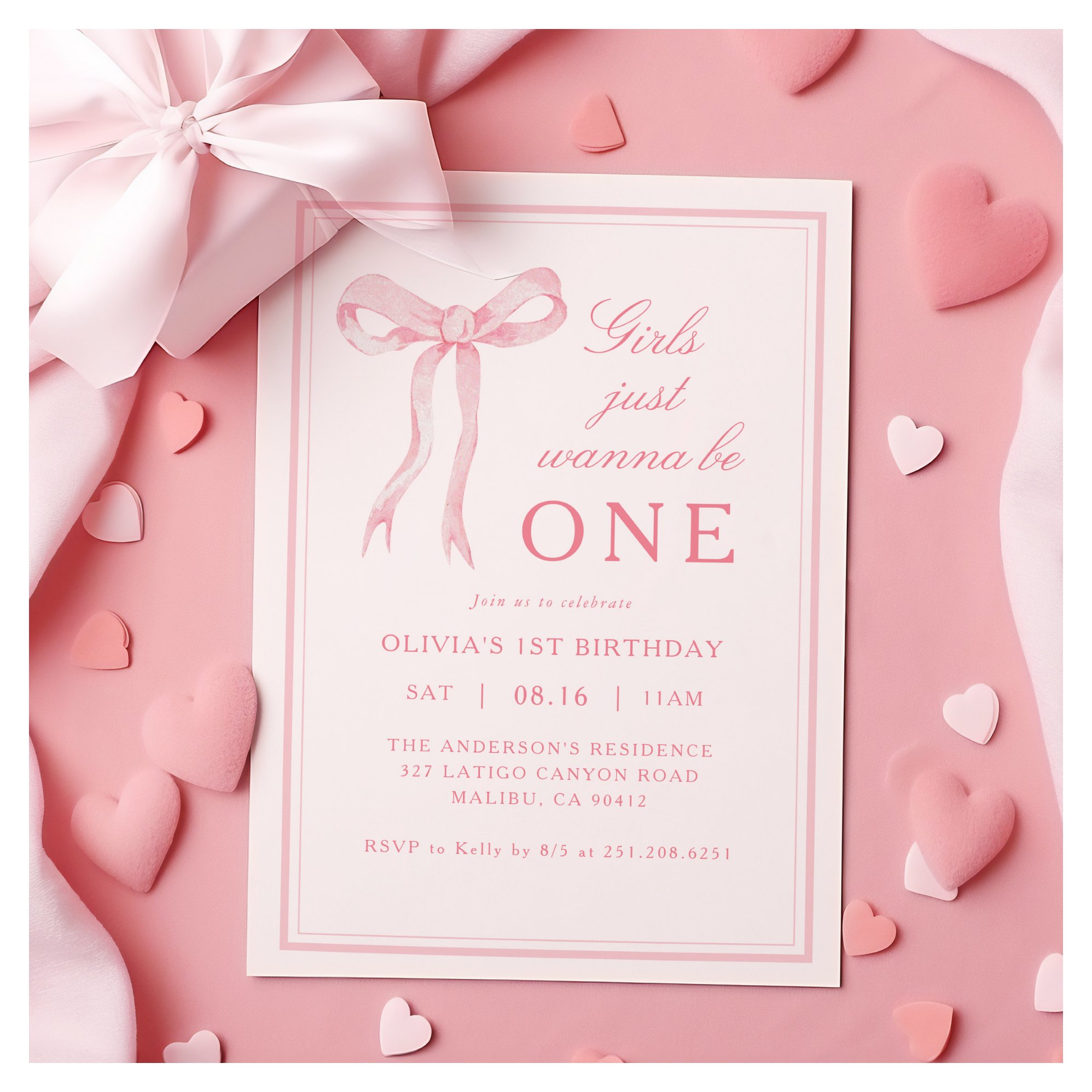 Pink Bow Girls Just Wanna Be One 1st Birthday Invitation