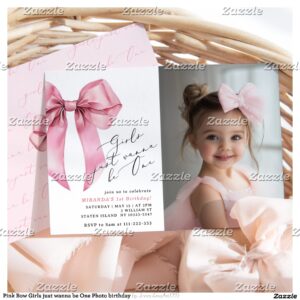 Pink Bow Girls just wanna be One Photo birthday Invitation