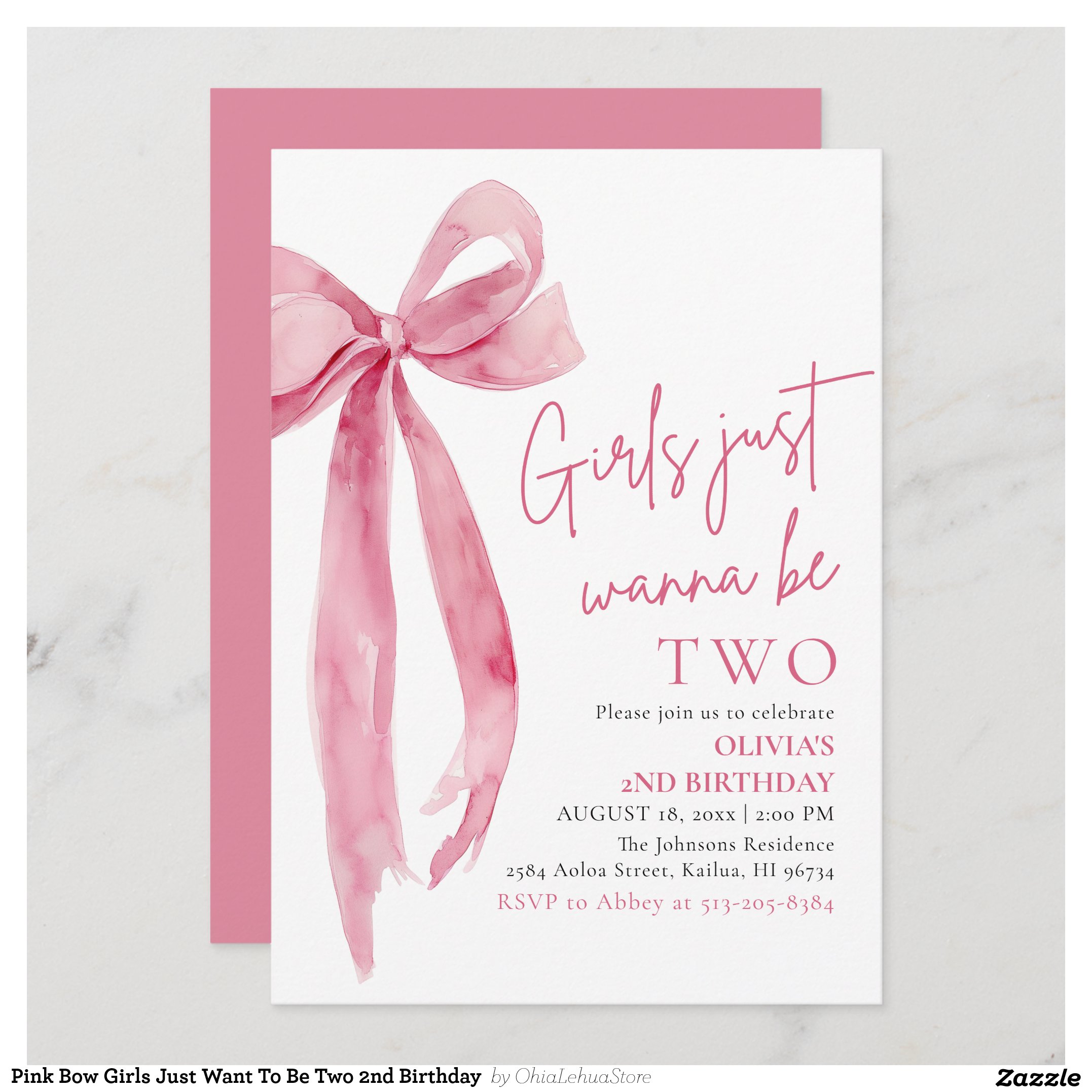 Pink Bow Girls Just Want To Be Two 2nd Birthday Invitation