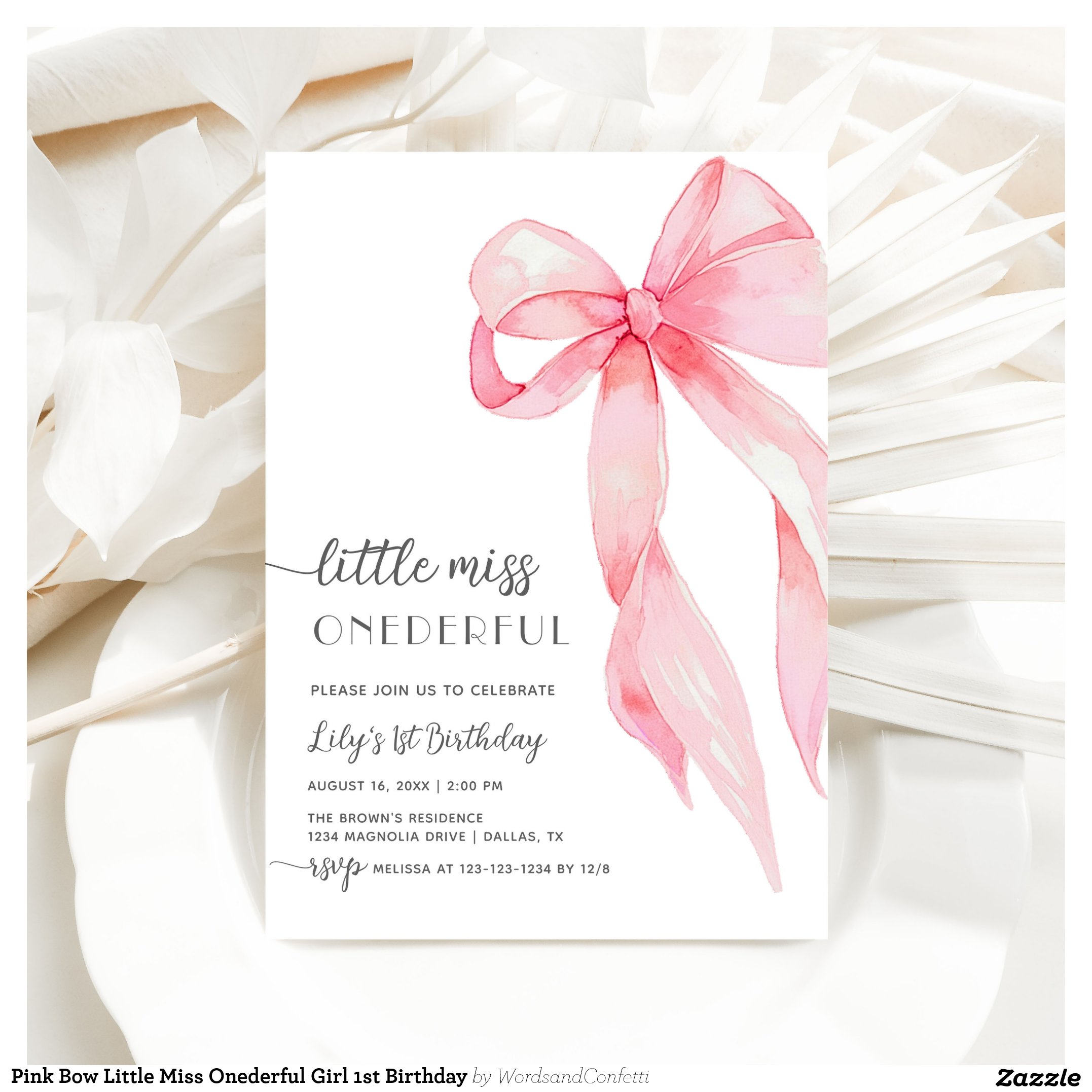 Pink Bow Little Miss Onederful Girl 1st Birthday Invitation