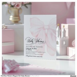 Pink Bow Modern Elegant Girl Baby Shower Invitation
