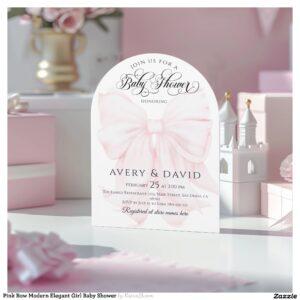 Pink Bow Modern Elegant Girl Baby Shower Invitation