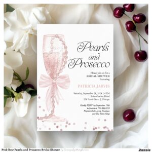 Pink Bow Pearls and Prosecco Bridal Shower Invitation