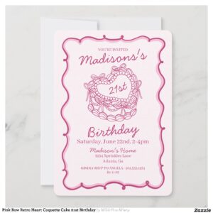 Pink Bow Retro Heart Coquette Cake 21st Birthday Invitation