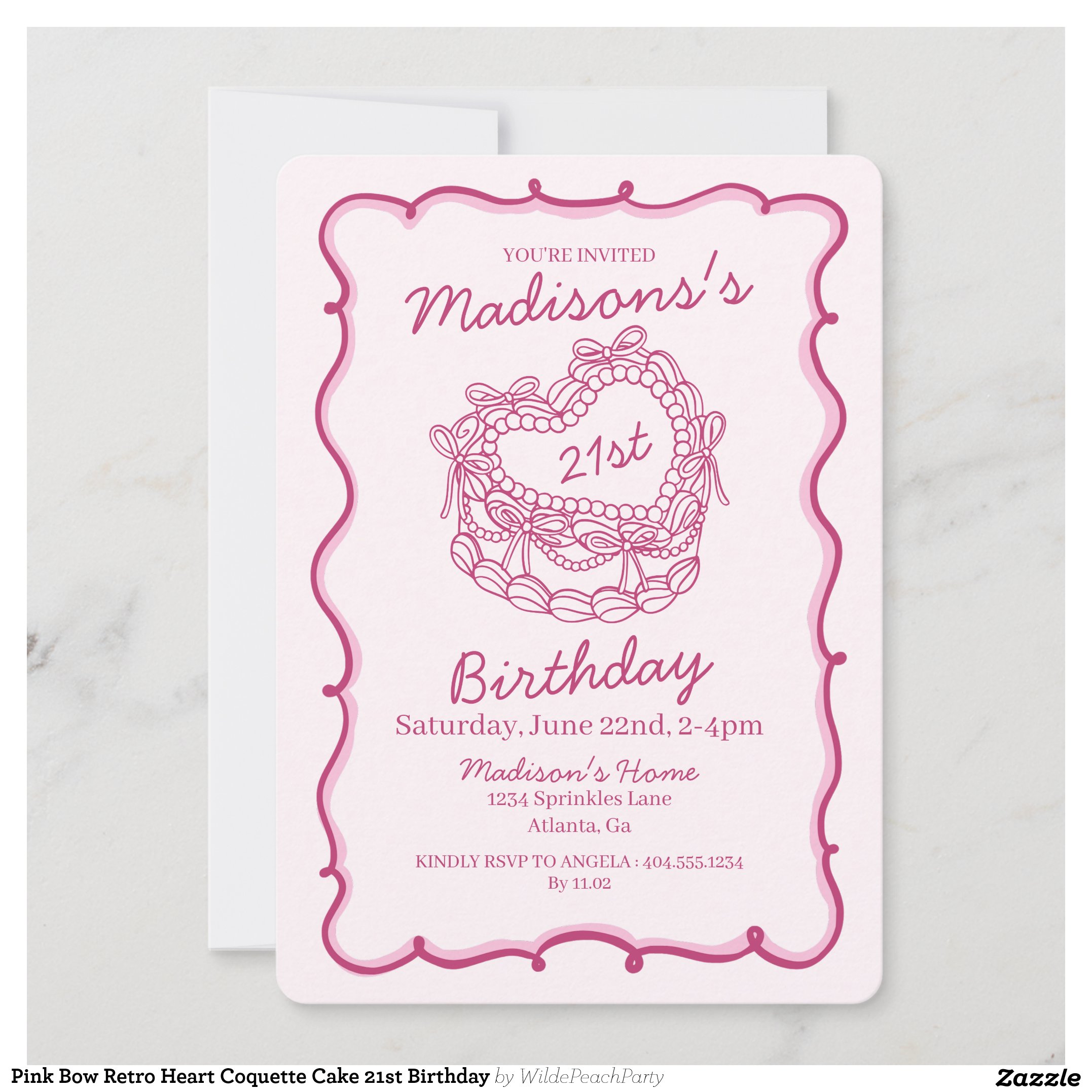 Pink Bow Retro Heart Coquette Cake 21st Birthday Invitation