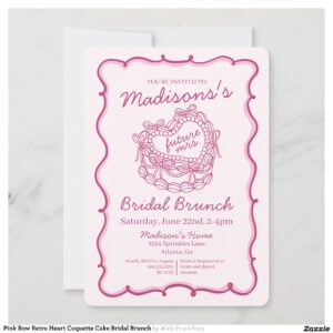 Pink Bow Retro Heart Coquette Cake Bridal Brunch Invitation